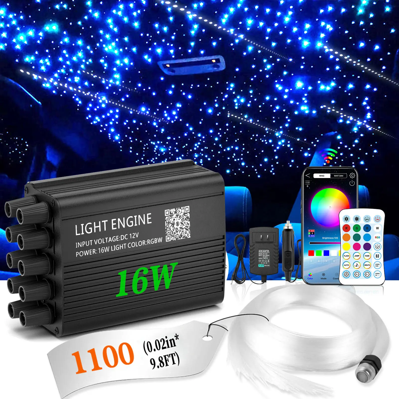 Car Starlight Ceiling Light Set, Twinkling Meteor 2-in-1 RGBW Fiber Optic Car Interior Lights, 1100pcs 0.02in Diameter 9.8ft Strands, Music Synchronized DIY Ambient Lighting for SUVs Sedans