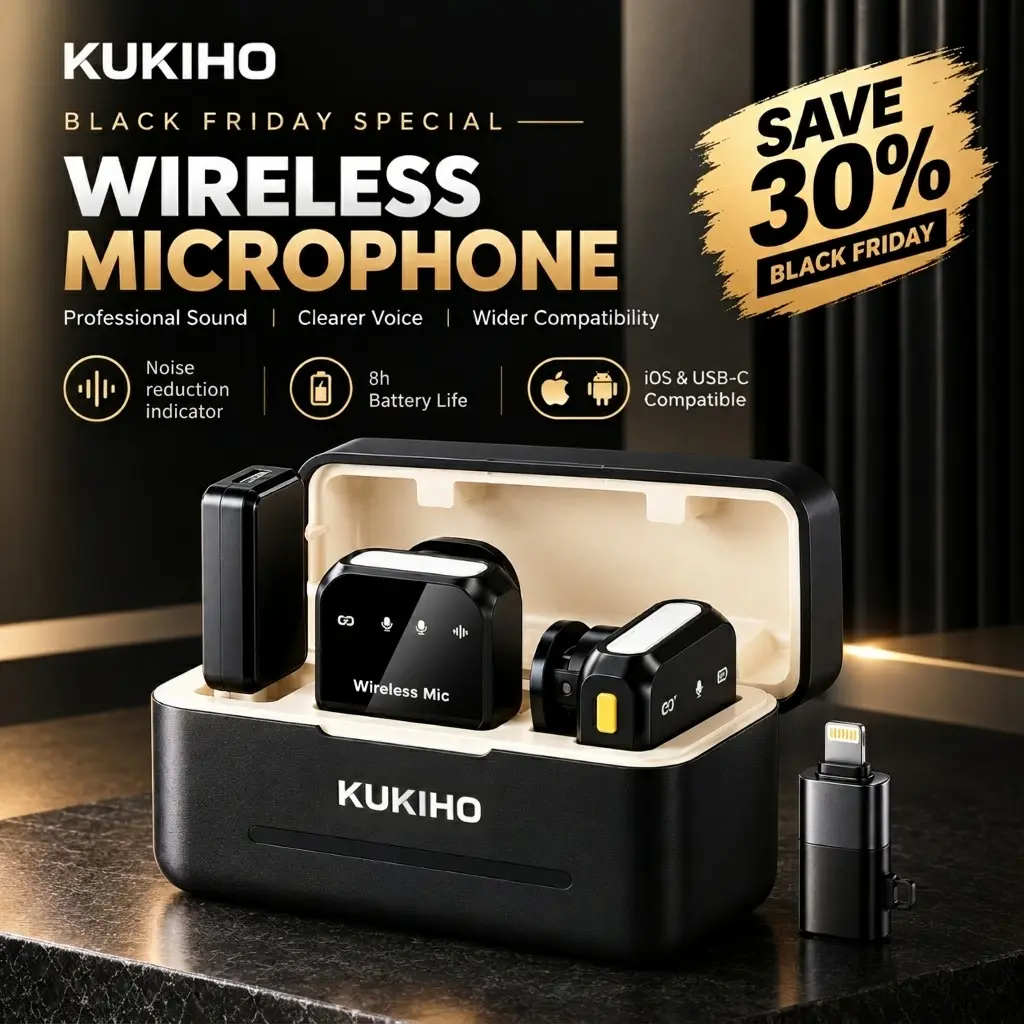 KUKIHO Wireless Lavalier Microphone with Charging Case - 5V, 8h Battery Life, Magnetic Snap-on Podcast Recording Mic for iPhone, iPad, Android Smartphones (Vlogging Equipment)