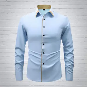 Men's Stylish Color-Block Button-Down Shirt - Long Sleeve, Relaxed Fit with Perfect Cut | Versatile for Formal Work & Casual Wear Light Blue Menswear