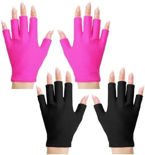 2 Pairs UV Gloves for Gel Nail Lamp, UPF Fingerless UV Protection Gloves for Manicures, Nail Art, Outdoor Activities, Black and Pink
