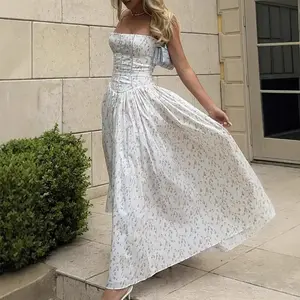 Women's Slim Fit White Floral Pure Style Hot Girl Strap Dress-end Dress Outfit Casual Polyester