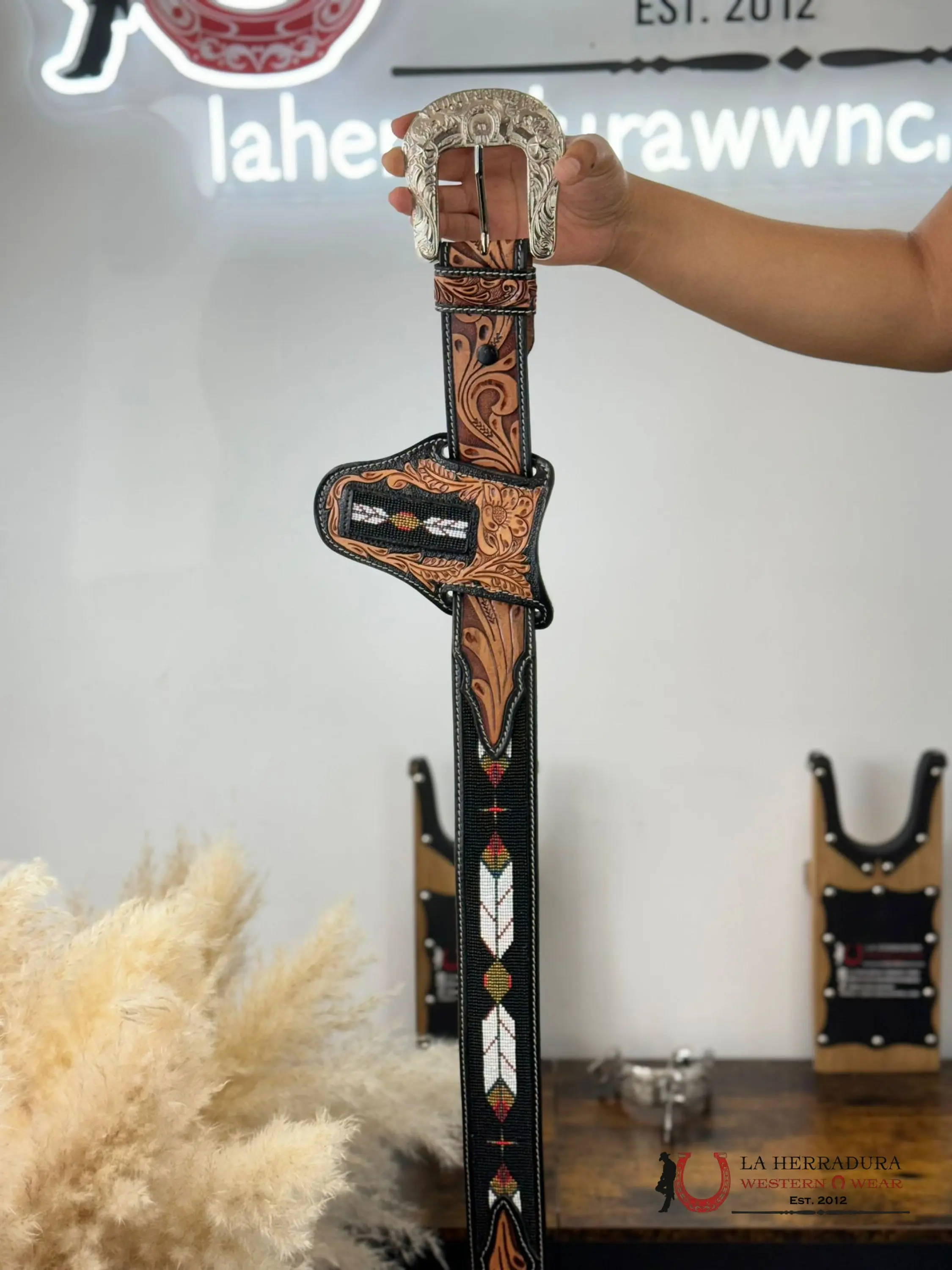 LA HERRADURA Aztec Black Gold Handtooled Waist Belt - 2 in, Regular Fit, Exotic Flair, Statement Look