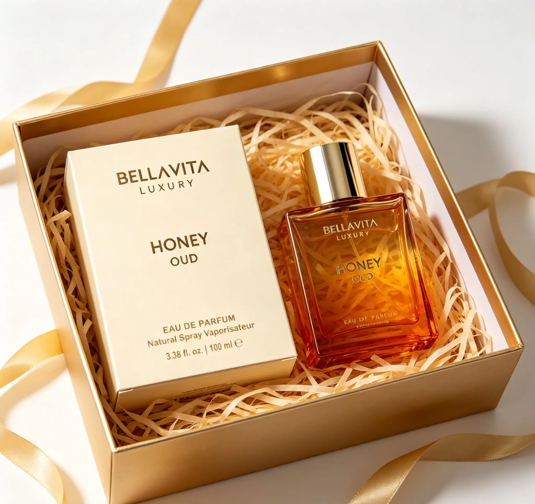 BellaVita Honey Oud Luxury Eau de Parfum 3.4oz, Clean Vegan Cruelty-Free Fragrance Oil Blend, Rich Oriental Aroma Bergamot Patchouli Vanilla All Day Wear