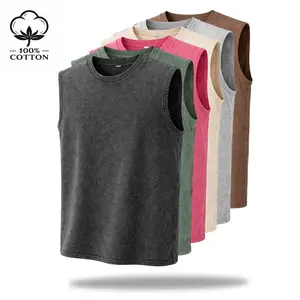 Men’s acid-wash cotton sleeveless T-shirt tank top, street style, training tank top, unisex design, loose fit (S–XXL)