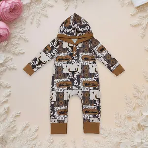 Newborn Sleepers Baby Boy Brown Aztec Bull Skulls Western Hoodie Footie Rompers casual fall Cow Solid Color Bodysuit
