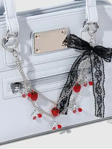 College Style Silver Color Chain Bow Cherry Lace DIY Bag Charm, Y2K Style Accessories for Bags, Elegant All Season Accessory