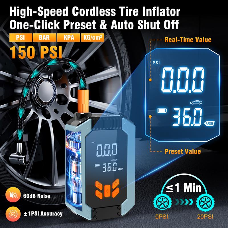 Portable Car Jump Starter with Air Compressor, 12V Battery Booster for 6L Gas/3L DL, 1000A 150PSI Tire Inflator, Smart Jumper Cables, LED Flashlight, LCD & Tire Pressure Display