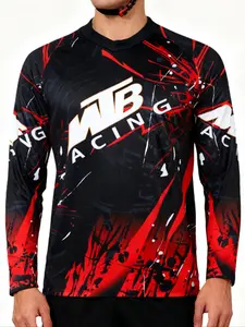 Motorcycle Off-Road Long Sleeve Athletic Shirt, Sporty Fitted Design, Random Print Pattern, Moderate Fabric Thickness, All Seasons Wear