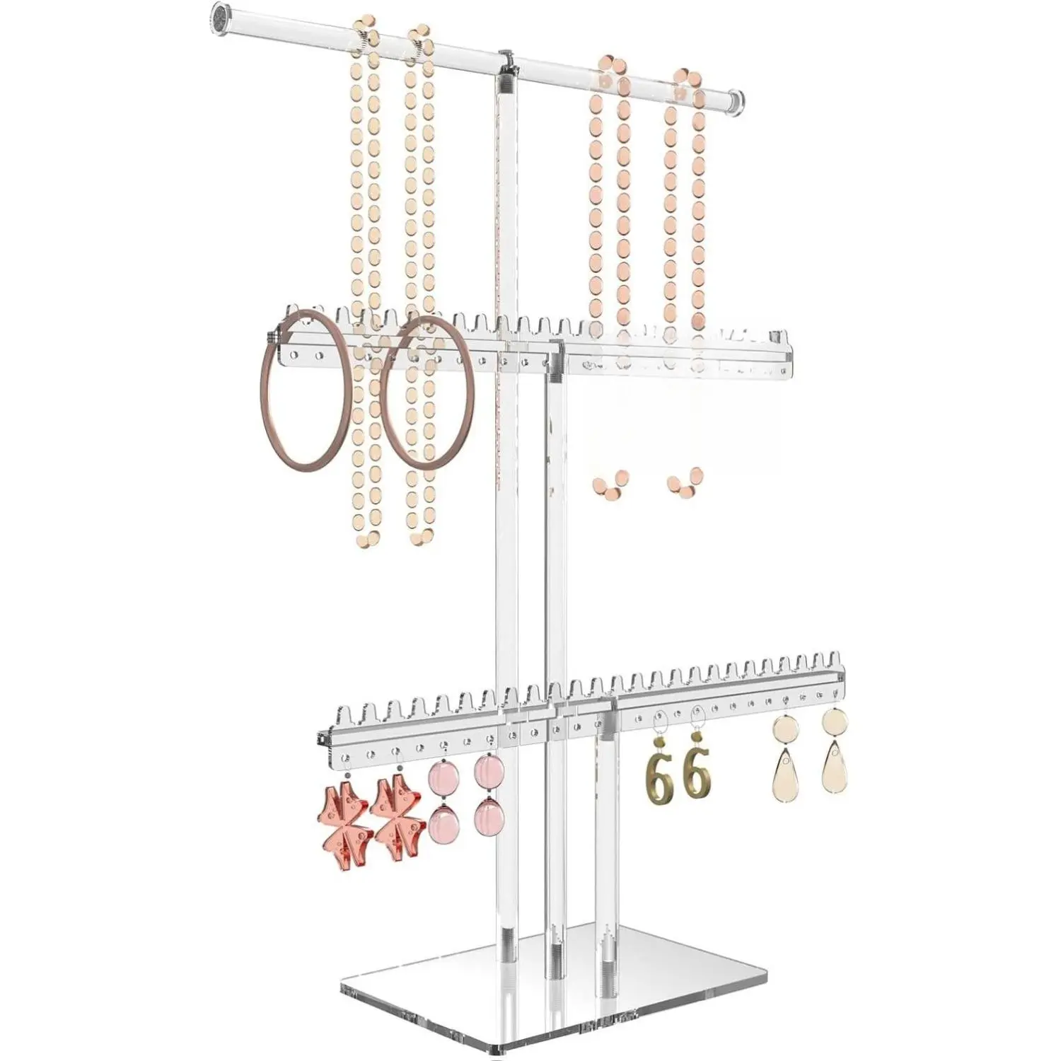 Premium Jewelry Stand, Earring Holder, Necklace Holder Stand, Clear 3-Tier Acrylic Large Storage Jewelry Organizer Stand & Bracelet/Bangles Stand, 48 Earring Holes Display Stands