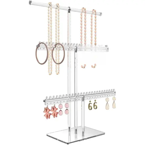 Premium Jewelry Stand, Earring Holder, Necklace Holder Stand, Clear 3-Tier Acrylic Large Storage Jewelry Organizer Stand & Bracelet/Bangles Stand, 48 Earring Holes Display Stands