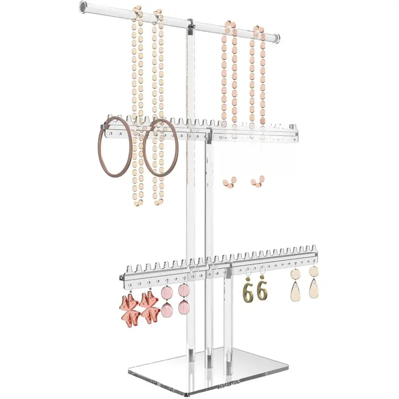 Premium Jewelry Stand, Earring Holder, Necklace Holder Stand, Clear 3-Tier Acrylic Large Storage Jewelry Organizer Stand & Bracelet/Bangles Stand, 48 Earring Holes Display Stands