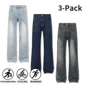 3 pairs men’s retro washed bootcut jeans — slimming micro flare denim pants for outdoor sports, basketball, running, casual wear; long jeans