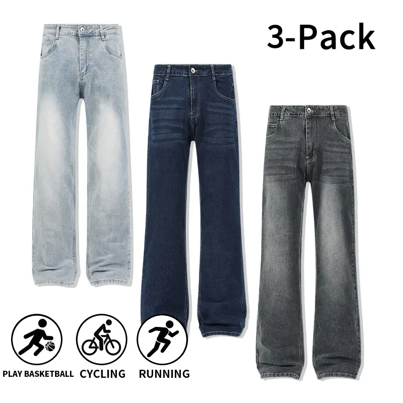 3 pairs of men’s retro washed bootcut jeans — slimming micro flare denim pants for outdoor sports, basketball, running, and casual wear; long jeans (available in 3-pack or 2-pack options).