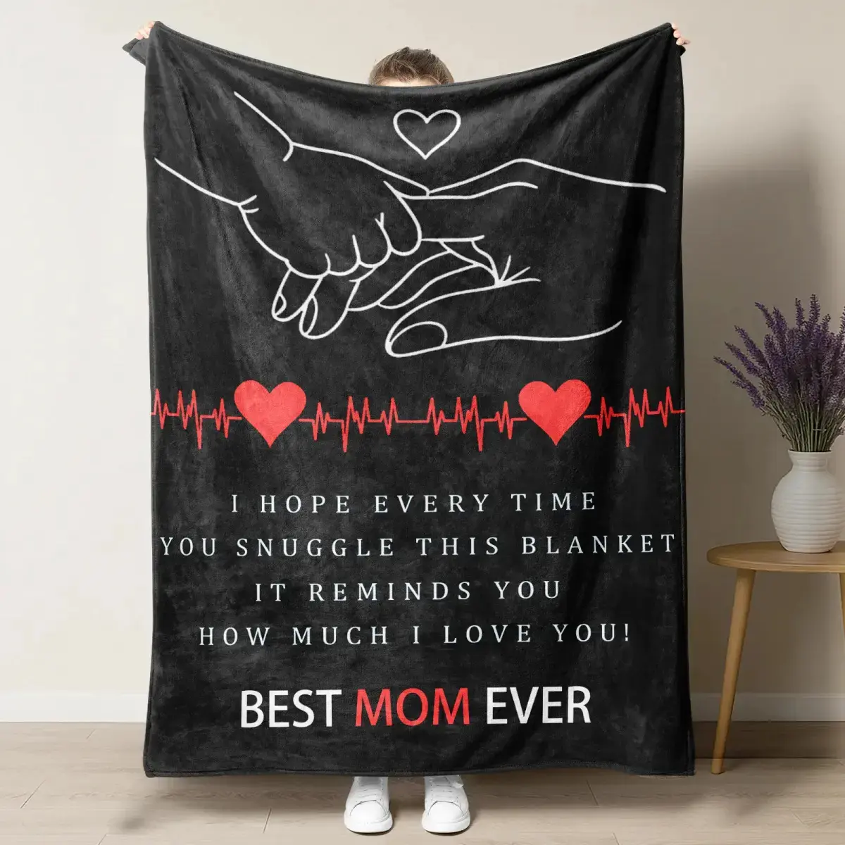 Customized Soft Flannel Throw Blanket – Heart Motif, Hand-Holding Design Adds a Touch of Warmth, Durable Flat Weave, Fade-Resistant, Machine Washable, Low Maintenance, Easy-to-Wrap Throw Blanket, Loving Gift for Mom (Mother’s Day, Birthday), Multiple Size