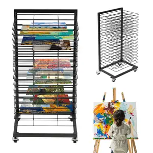 Art drying rack with 18 removable shelves, wall-mounted art storage and drying rack suitable for drying paintings, with wheels, ideal for classrooms and art studios (18 shelves).
