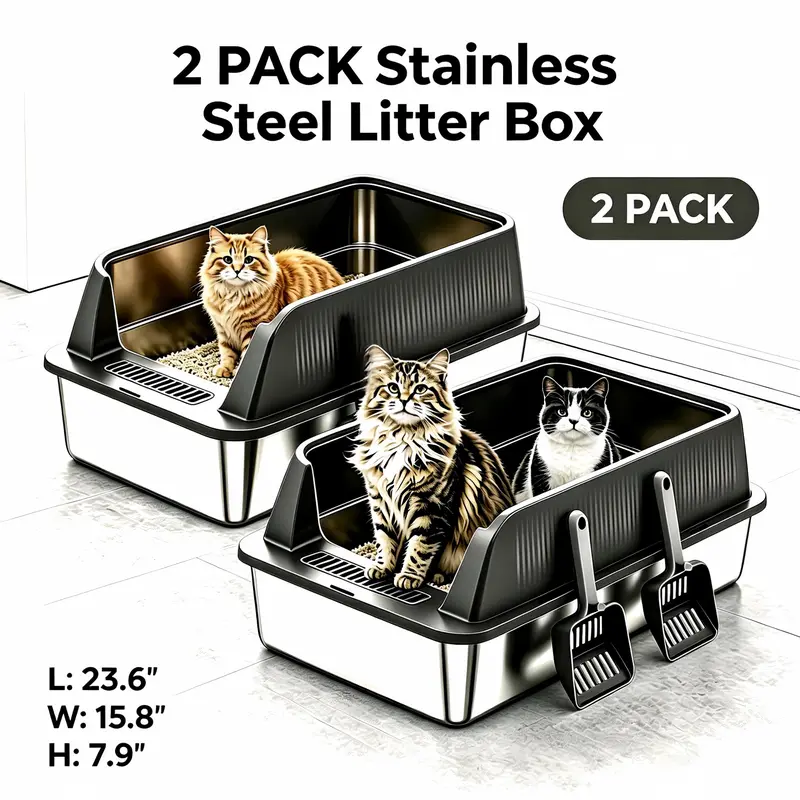2 Pack 23.6″×15.8″×7.9″ Stainless Steel Cat Litter Box, High Sided Open Top for Large Cats & Multi-Cat Homes, Non-Stick, Odor Proof, Leak Proof, Scratch Resistant, Low Litter Tracking, Easy to Clean, with 2 Litter Scoops & Non-Slip Base