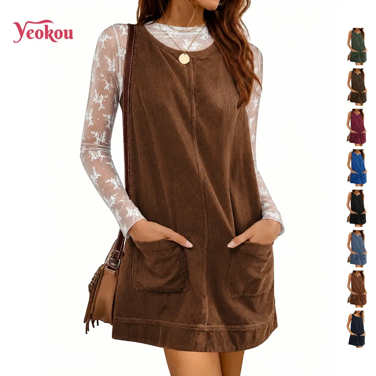 Yeokou Corduroy Pinafore Dress for Women, Basic A-Line Shift Jumper with Pockets, Scoop Neck and Low-Cut Armholes, Sleeveless, Casual, Lady, Front Pocketed, Cotton Blend, Above Knee, Cute, Going Out, Wrap Pinafore, Elegant, Fabric: 70%Cotton, 30%Polyester