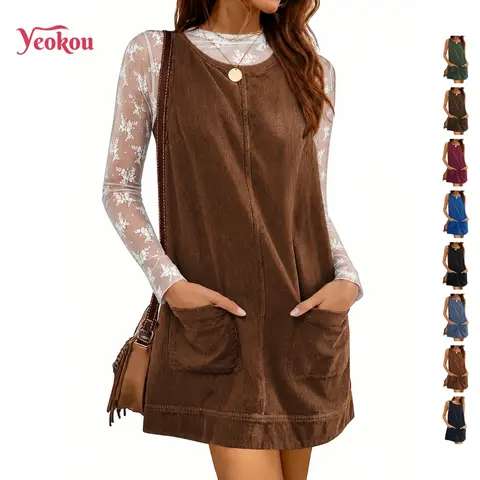 Yeokou Womens Fitted U-Back Corduroy Overall Dress, Round Neck A Line Skirtall Jumper Mini Dress Pinafore with Pockets
