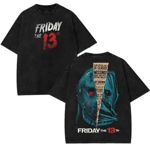 valentine shirts Friday The 13th Horror Washed Tee Shirt For Men's and Women's Short Sleeve T-Shirt Menswear Tops Cotton Fabric Halloween Shirt