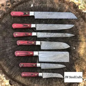 Handmade Damascus Kitchen Knife Set with Red Pakka Wood Handles | Complete 7-Piece Collection