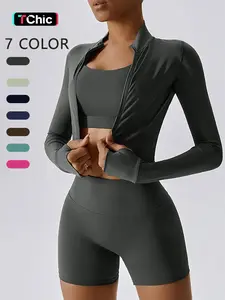 Women's Plain Tracksuit Set, High Stretch Long Sleeve Thumb Hole Design Zip Up Sportswear Set for Summer, Elegant Gym Outfits, Gym Workout Clothes, Sports Fitness Wear, Casual Activewear Set, Athletic Tracksuit Set, Yoga Tracksuit Set