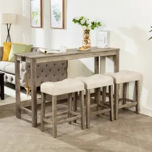 4-Piece Bar Table Set with Power Outlet, Dining Bar Table and Chairs Set,Bar Table Set with 3 Padded Stools for Living Room, Dining Room, Game Room, Brown    RR