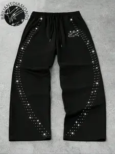Y2K Style Rhinestone Star Graphic Sweatpants, Unisex Streetwear Pants for All Seasons, Athleisure Style Pants, Fitted Woven Fabric, Hip Hop Dance Fitness Outdoor