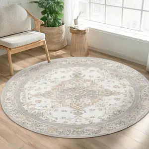 Vintage Round Area Rug,Machine Washable Modern Oriental Cream Taupe Beige Round Rug Non-Slip Boho Grey Circle Rugs Low-Pile,Floor Carpet Mat for Living Room Bedroom Kitchen Dining Entryway