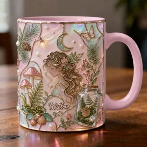 Personalized Cottagecore Mug 2D Printed 3D Effect, Custom Name Pink Ceramic Coffee Cup with Fairy, Mushrooms, Moon and Forest Design, Gift for Her