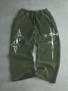 Men's Cross Print Drawstring Waist Sports Pants, Comfortable Casual Daily Wear, Suitable for Autumn & Winter, Fitted Style Green Pants, Cross Print Sweatpants