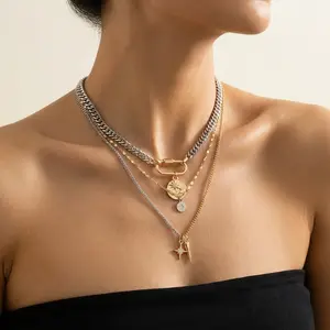 Metal simple gold and silver two-color multi-layer necklace, personalized exaggerated trendy eye pendant multi-layer stacking necklace for women, fashionable and versatile, suitable for daily wear during the back-to-school season,  free for shipping