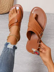 Women's Casual Slide Sandals, Fashion Round Toe Flat Shoes with Shiny Metal Buckle, Breathable Synthetic Covering, Comfortable Lining, Lightweight Sandals Pu Leather Sandals