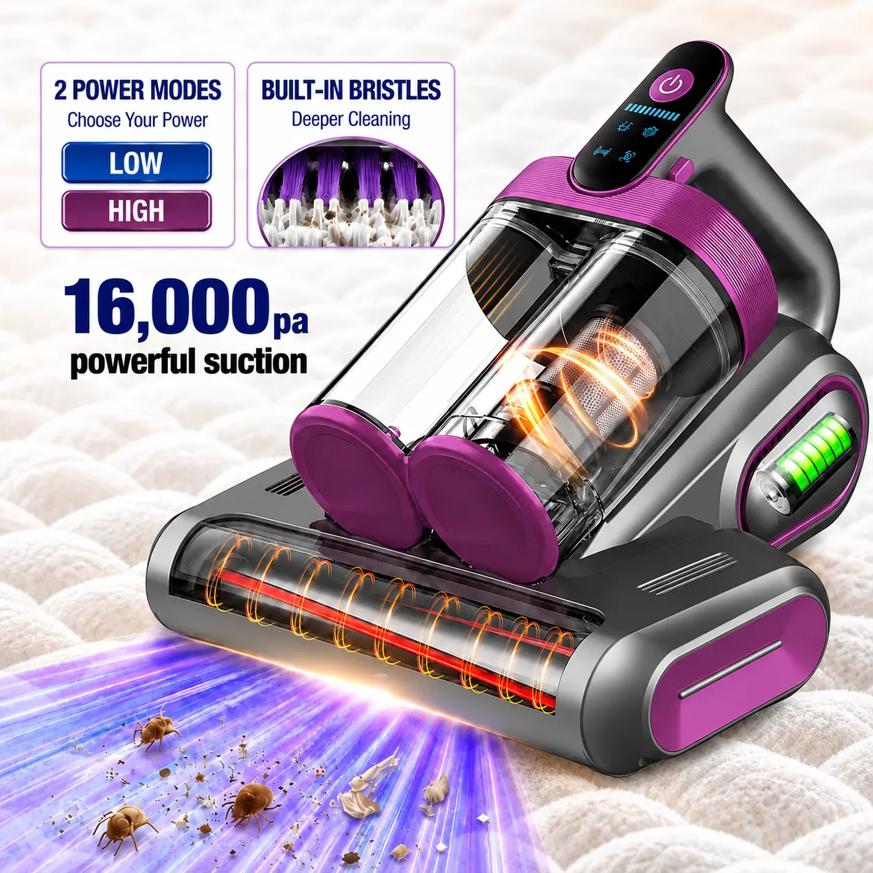 【Black Friday Deals】Cordless Mattress Vacuum Cleaner, 16kPa Powerful, Bed Vacuum Cleaner, 80,000 RPM Tapping, UV-C Light, Ultrasonic Cleaning, Dual Dust Cup&Sponge Filter, Deep Cleaner for Mattress,Sofa,Crib & Pet Hair,high heatin,Antibacterial Cleaning