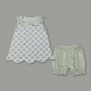 Green Floral Print Toddler Summer Outfit – Breathable Baby Girl Clothes 2Pc Set