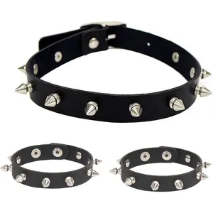 3counts punk accessories Choker Necklace and spiky bracelet for women men, punk jewelry spiked bracelets studded bracelet leather choker