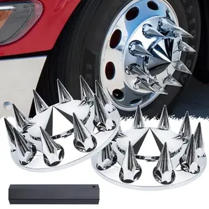 2 Front Spiked Axle Wheel Covers - Hub With 33mm Thread-on Chrome Lug Nut For Semi Truck (installation Tool Included)
