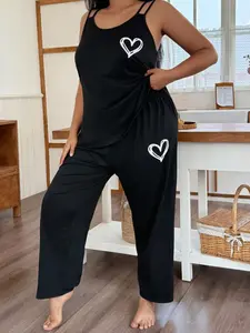 Plus Size Women's Heart Print Sleeveless Long Pants Sleepwear Set, Lounge Pajamas, Loungewear Nightwear Set, Ultra-Comfortable Skin-Friendly Homeewear, Casual All Seasons