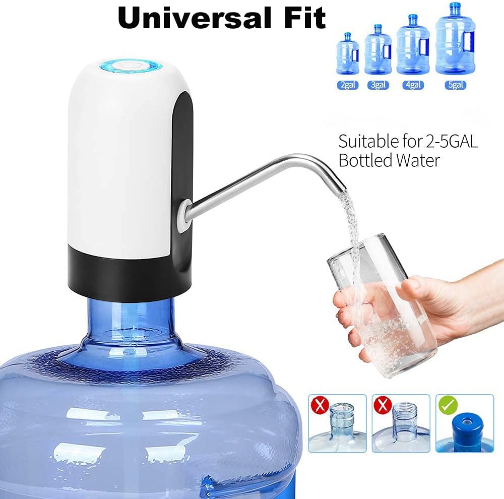 Water Bottle Dispenser Pump, Rechargeable Water Pump for 5 Gal Jug, Fits 2-5 Gallon Water Jugs, Easy One Switch Operation, Portable for Home Kitchen Office Camping