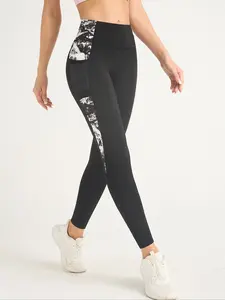 Women's Fashion Patchwork Yoga Pants, Yoga Workout Pants, High Waist Tight-Fitting Sportswear, Mesh Half-Transparent Pockets, Suitable for Gym & Outdoor Activities, Athleisure Style Pants