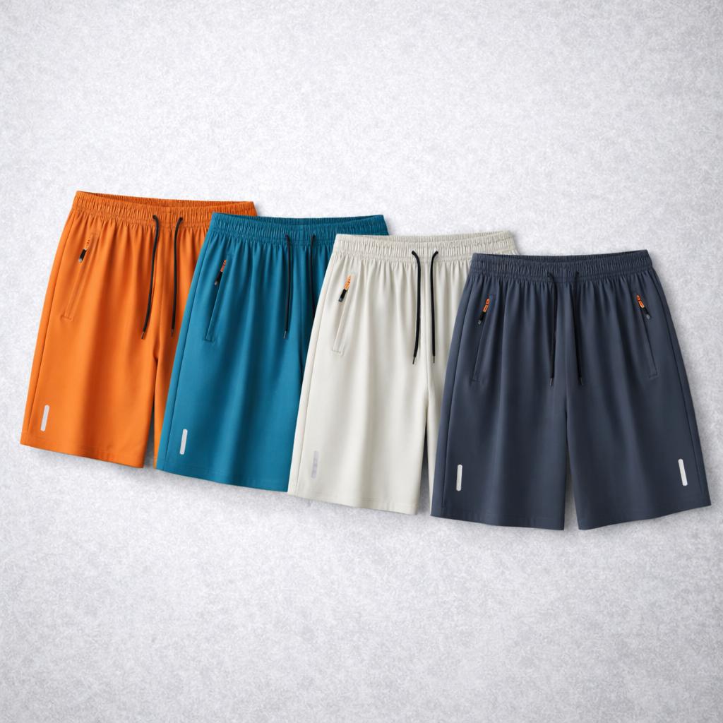 7-pack men’s ice silk quick-dry athletic shorts featuring zippered pockets and contrasting zipper head design; breathable, lightweight ice silk summer shorts for fitness, running, and casual wear—an essential for workouts and comfortable for home wear in