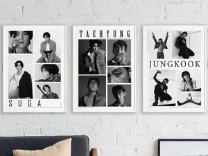 Jungkook Suga TaeHyung BTS Poster Set of 3, aesthetic bts room decor, bts gifts, bts merch, black & white bts wall art