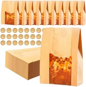 Large Brown Kraft Paper Bread Bags (60pcs, 13.7x8.3x3.5in) with Window, Kitchen Bakeware Utensils for Homemade Sourdough Loaves & Snacks, Includes 70 Sealing Stickers for Party Use