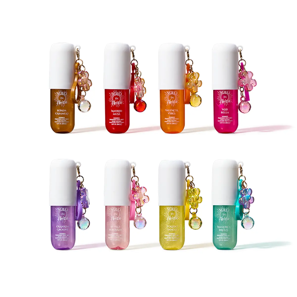 SOLO EN IBIZA Shimmer Body Mist Set - 8 Exquisite Cosmetic Scent Fragrances, Perfume-Level Strength, Dewy Skin Lasting Glow, Mini Travel Beauty Products (8x30ml) Dynamic Fragrance Mist