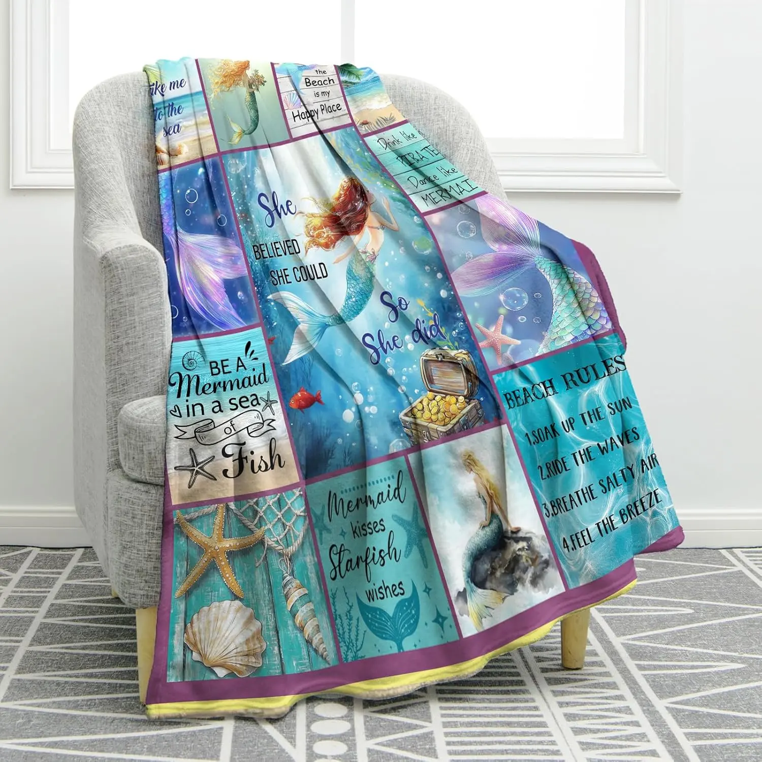 Mermaid Blanket Gifts for Girls Daughter Nieces Sister Women Birthday Christmas Blue Mermaid Print Presents Decor Home Couch Sofa Soft Cozy Plush Throw for Adults Kids Friends Family 50"x60", soft casual warm blanket
