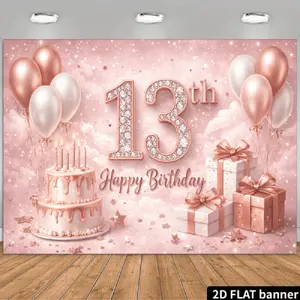 1PC,2D Flat Backdrop 13th Birthday Backdrop, Rose Gold Balloons Cake Gifts Theme Party Background, Pink Dreamy Starry Sky Birthday Photo Backdrop, Decorative Backdrop for Girl's 13th Birthday Party
