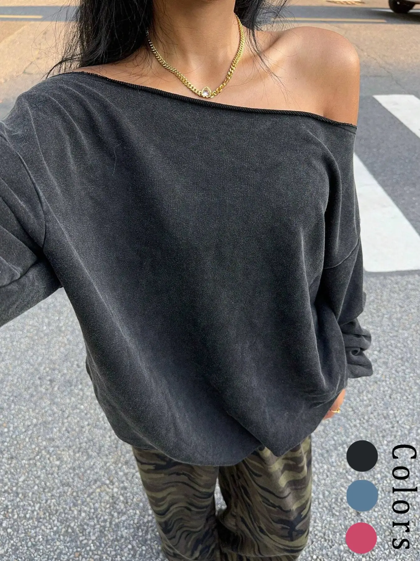 Women's Vintage Washed Asymmetric Slant Shoulder Sporty Sweatshirt, Casual Loose Long Sleeve Top, Perfect for Daily Commute, Leisure and Fitness