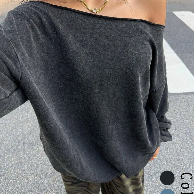 Women's Vintage Washed Asymmetrical Slant Shoulder Sporty Solid Sweatshirt, Casual Loose Long Sleeve Top, Perfect for Daily Commute, Leisure and Fitness