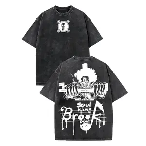 Brook Vintage Washed Oversized T-Shirt, One Piece Straw Hat Crew Musician Graphic Tee, Unisex Streetwear Anime Soft Cotton Top Outfit for Men, Casual Menswear Gift for Anime Fans cotton tee shirt