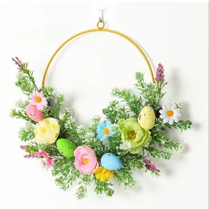 Spring Easter Wreath Simulated Iron Art Flower Ring Home Decor Festive Decorations Wall Hanging Egg Colorful Eggs Door Decoration