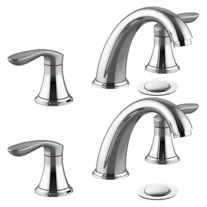 3‑Hole Bathroom Taps – 8″ (204 mm) Vintage Brass Double Handle Basin Mixer Tap with Hose & Pop‑Up Drain, Widespread Design, Easy Installation